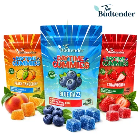 The Budtender D9 Daytime Gummies in Blue Razz, Strawberry, Peach Tangerine